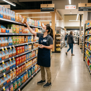Grocery store worker reaching for a snack box on a shelf while holding another box