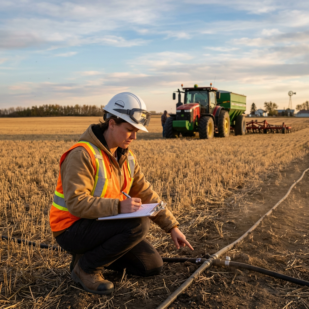 Farm worker in safety gear inspecting irrigation tubing in a harvested field