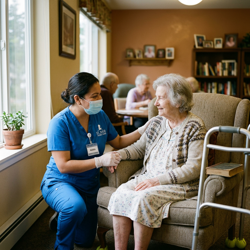 Nurse in blue scrubs and mask holding hands with elderly woman in armchair