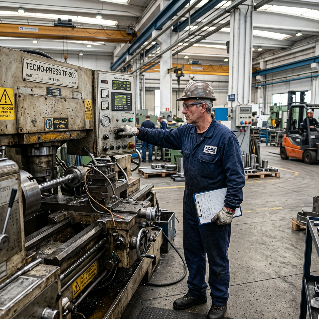 Factory worker adjusting controls on an industrial lathe machine in a workshop