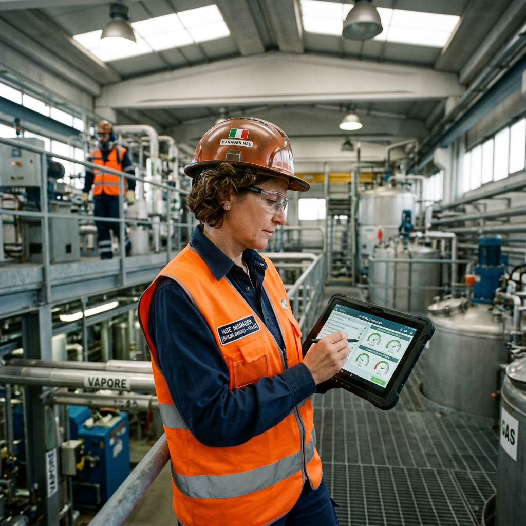 Worker in safety gear using tablet for industrial equipment monitoring