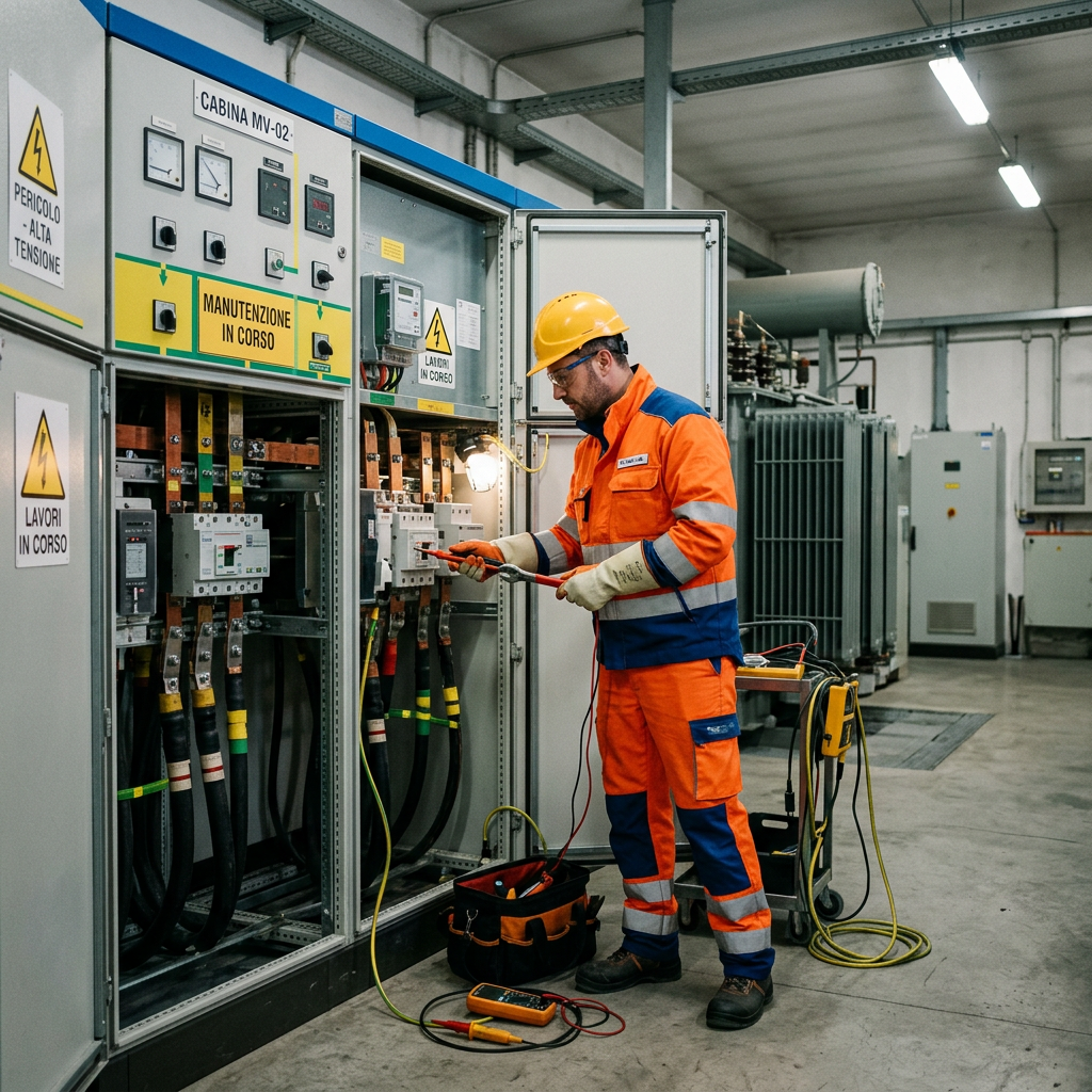 Technician in orange protective clothing and hard hat working on electrical control panel