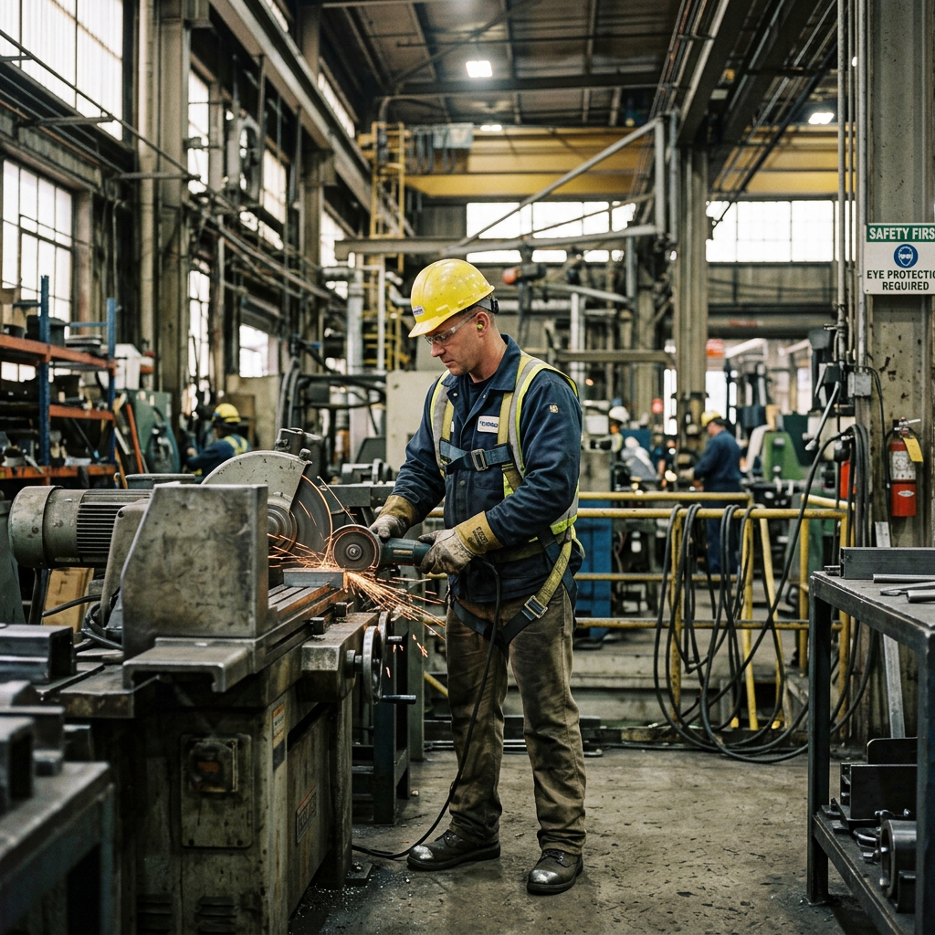 Worker in safety helmet and glasses grinding metal with sparks flying in industrial workshop