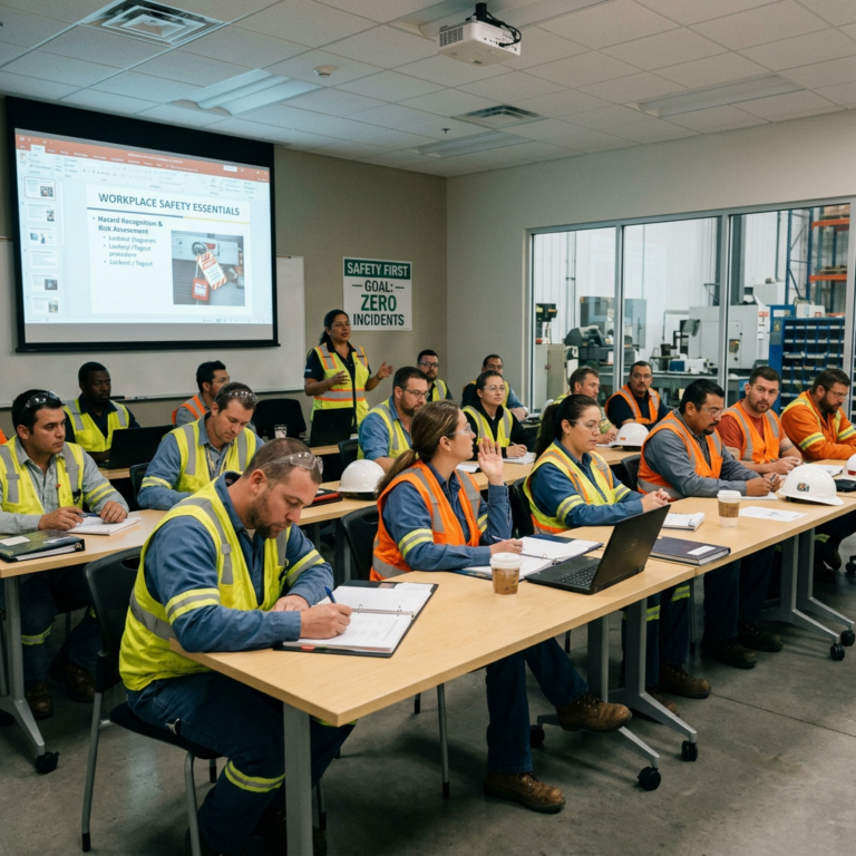 Group of industrial workers attending a workplace safety training in a classroom setting